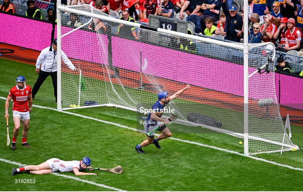 20 July 2025; John McGrath of Tipperary celebrates after scoring his second and his side's third goal during the GAA Hurling All-Ireland Senior Championship final match between Cork and Tipperary at Croke Park in Dublin. Photo by Daire Brennan/Sportsfile