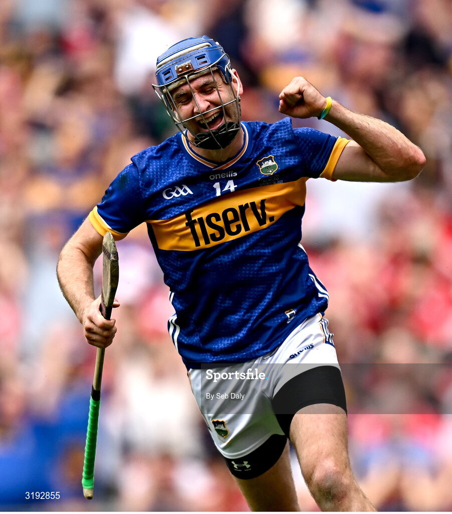 20 July 2025; John McGrath of Tipperary celebrates after scoring his second and his side's third goal during the GAA Hurling All-Ireland Senior Championship final match between Cork and Tipperary at Croke Park in Dublin. Photo by Seb Daly/Sportsfile