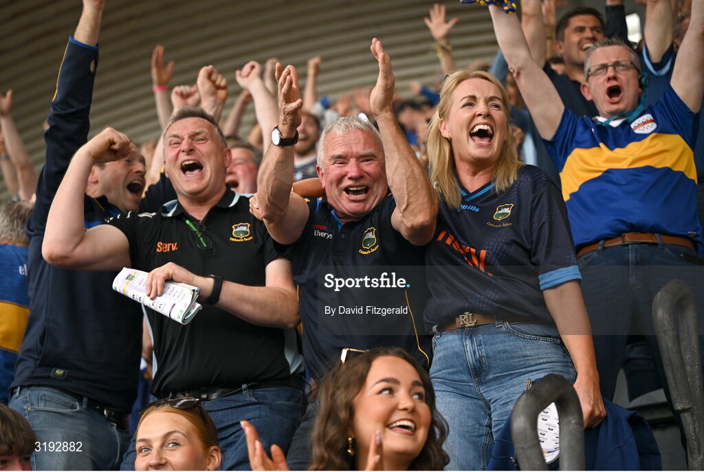 20 July 2025; Tipperary supporters react during the GAA Hurling All-Ireland Senior Championship final match between Cork and Tipperary at Croke Park in Dublin. Photo by David Fitzgerald/Sportsfile