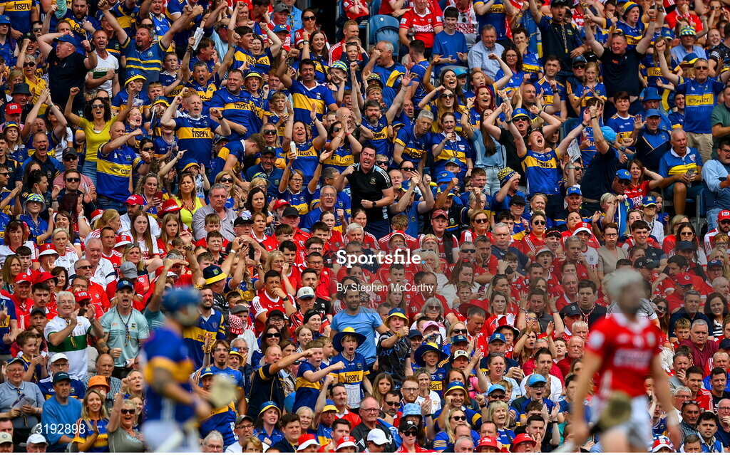 20 July 2025; Tipperary supporters celebrate winning a free during the GAA Hurling All-Ireland Senior Championship final match between Cork and Tipperary at Croke Park in Dublin. Photo by Stephen McCarthy/Sportsfile