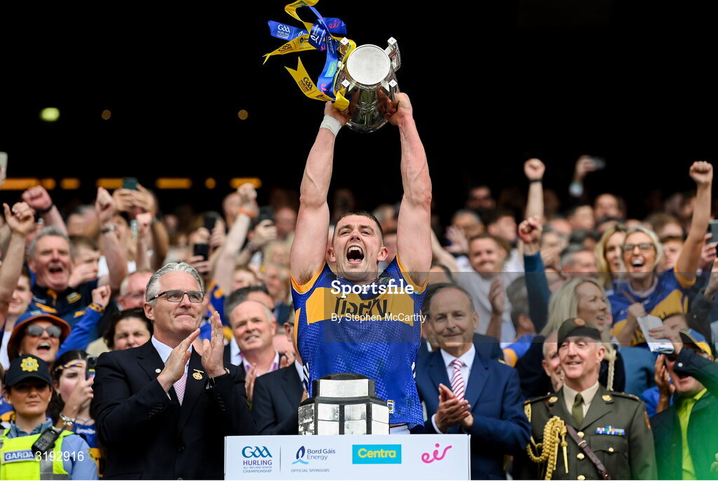 20 July 2025; Tipperary captain Ronan Maher lifts the Liam MacCarthy cup after the GAA Hurling All-Ireland Senior Championship final match between Cork and Tipperary at Croke Park in Dublin. Photo by Stephen McCarthy/Sportsfile