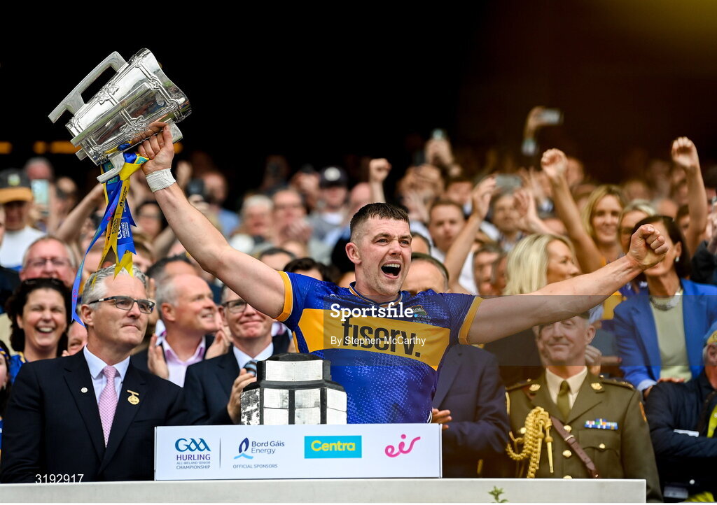 20 July 2025; Ronan Maher of Tipperary lifts the Liam MacCarthy Cup after his side's victory in the GAA Hurling All-Ireland Senior Championship final match between Cork and Tipperary at Croke Park in Dublin. Photo by Stephen McCarthy/Sportsfile