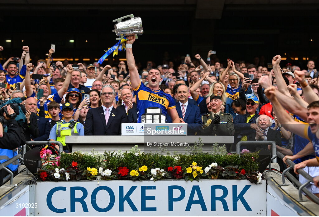 20 July 2025; Ronan Maher of Tipperary lifts the Liam MacCarthy Cup after his side's victory in the GAA Hurling All-Ireland Senior Championship final match between Cork and Tipperary at Croke Park in Dublin. Photo by Stephen McCarthy/Sportsfile
