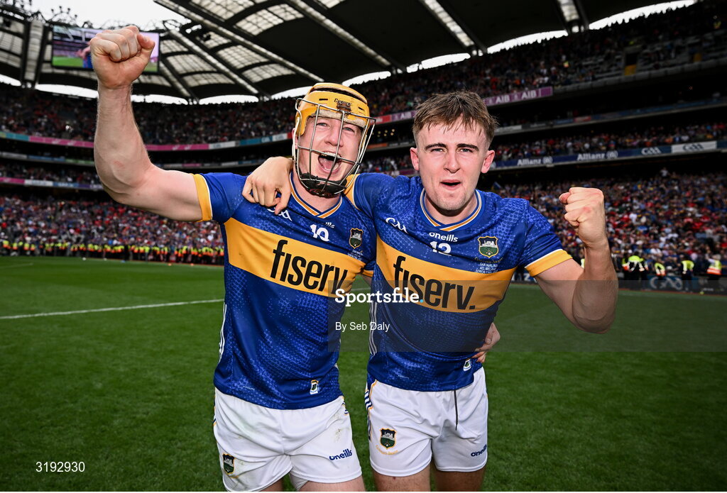 20 July 2025; Jake Morris, left, and Sam O’Farrell of Tipperary celebrate after the GAA Hurling All-Ireland Senior Championship final match between Cork and Tipperary at Croke Park in Dublin. Photo by Seb Daly/Sportsfile