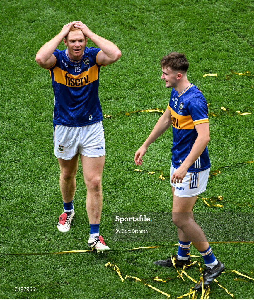 20 July 2025; Jason Forde, left, and Sam O’Farrell of Tipperary celebrate after the GAA Hurling All-Ireland Senior Championship final match between Cork and Tipperary at Croke Park in Dublin. Photo by Daire Brennan/Sportsfile