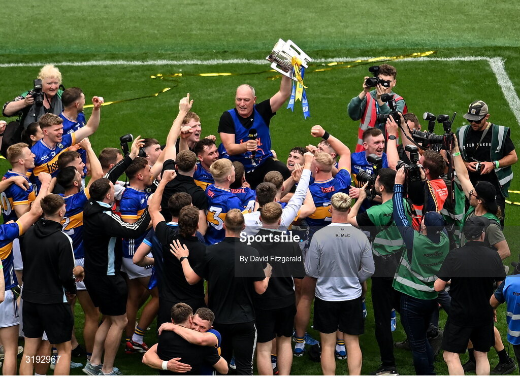 20 July 2025; Tipperary manager Liam Cahill is lifted by his players as he celebrates with the Liam MacCarthy Cup after his side's victory in the GAA Hurling All-Ireland Senior Championship final match between Cork and Tipperary at Croke Park in Dublin. Photo by David Fitzgerald/Sportsfile