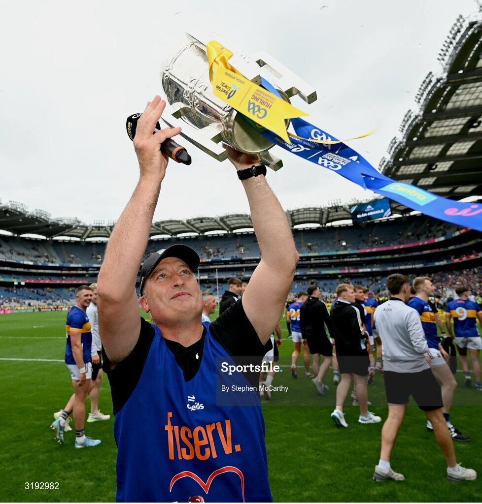20 July 2025; Tipperary manager Liam Cahill celebrates with the Liam MacCarthy cup after the GAA Hurling All-Ireland Senior Championship final match between Cork and Tipperary at Croke Park in Dublin. Photo by Stephen McCarthy/Sportsfile