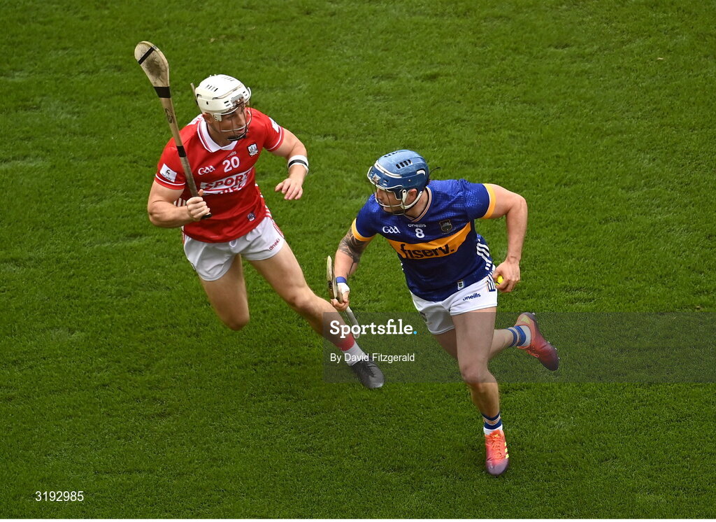 20 July 2025; Willie Connors of Tipperary in action against Tommy O'Connell of Cork during the GAA Hurling All-Ireland Senior Championship final match between Cork and Tipperary at Croke Park in Dublin. Photo by David Fitzgerald/Sportsfile