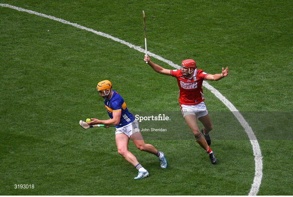 20 July 2025; Ronan Maher of Tipperary in action against Brian Hayes of Cork during the GAA Hurling All-Ireland Senior Championship final match between Cork and Tipperary at Croke Park in Dublin. Photo by John Sheridan/Sportsfile
