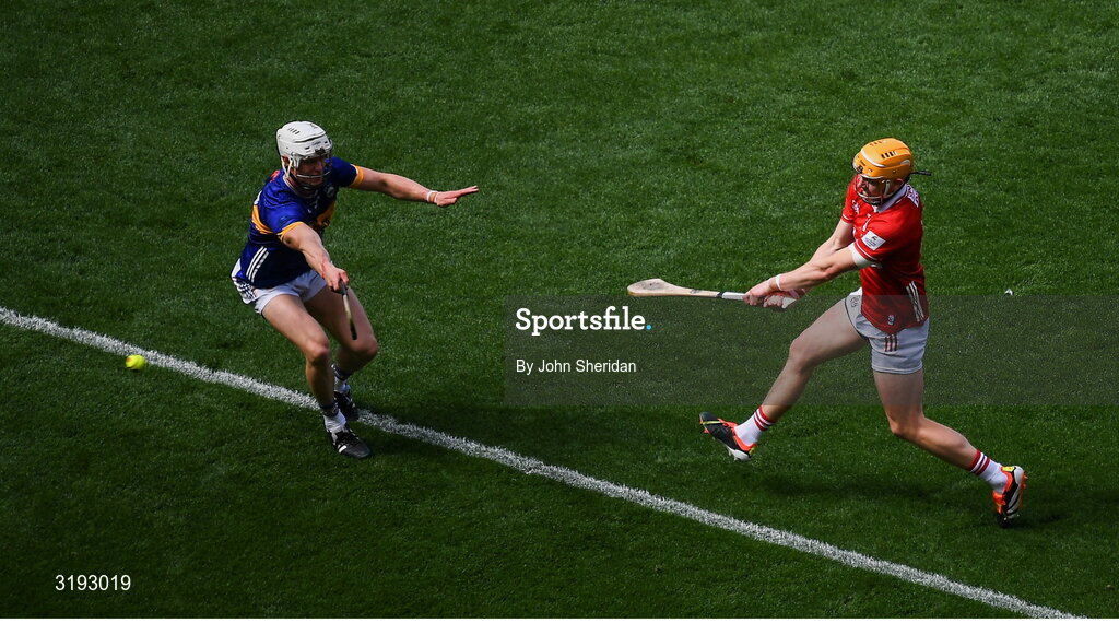 20 July 2025; Shane Barrett of Cork in action against Bryan O'Mara of Tipperary during the GAA Hurling All-Ireland Senior Championship final match between Cork and Tipperary at Croke Park in Dublin. Photo by John Sheridan/Sportsfile