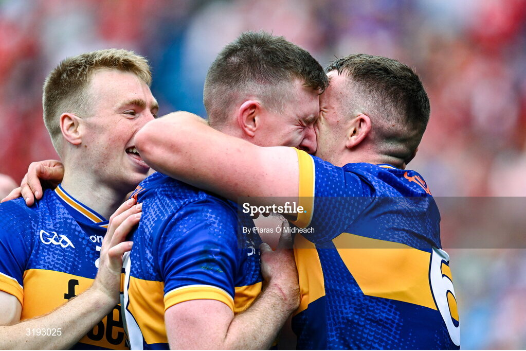20 July 2025; Tipperary players, from left, Brian McGrath, Séamus Kennedy and Ronan Maher celebrates after his side's victory in the GAA Hurling All-Ireland Senior Championship final match between Cork and Tipperary at Croke Park in Dublin. Photo by Piaras Ó Mídheach/Sportsfile