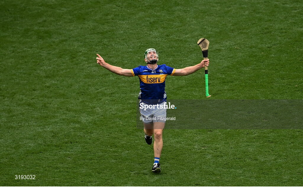20 July 2025; Noel McGrath of Tipperary celebrates a late point after the GAA Hurling All-Ireland Senior Championship final match between Cork and Tipperary at Croke Park in Dublin. Photo by David Fitzgerald/Sportsfile