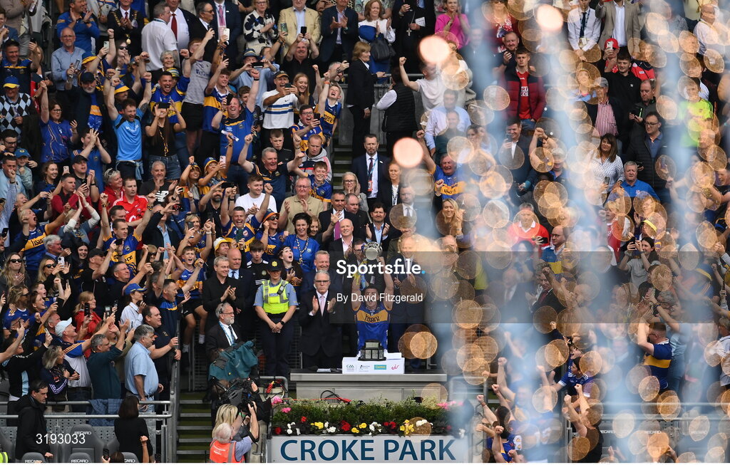 20 July 2025; Tipperary captain Ronan Maher lifts the Liam MacCarthy cup after the GAA Hurling All-Ireland Senior Championship final match between Cork and Tipperary at Croke Park in Dublin. Photo by David Fitzgerald/Sportsfile