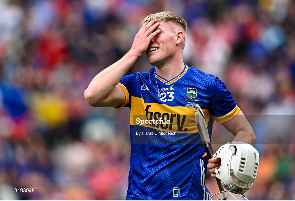 20 July 2025; Oisin O'Donoghue of Tipperary after his side's victory in the GAA Hurling All-Ireland Senior Championship final match between Cork and Tipperary at Croke Park in Dublin. Photo by Piaras Ó Mídheach/Sportsfile