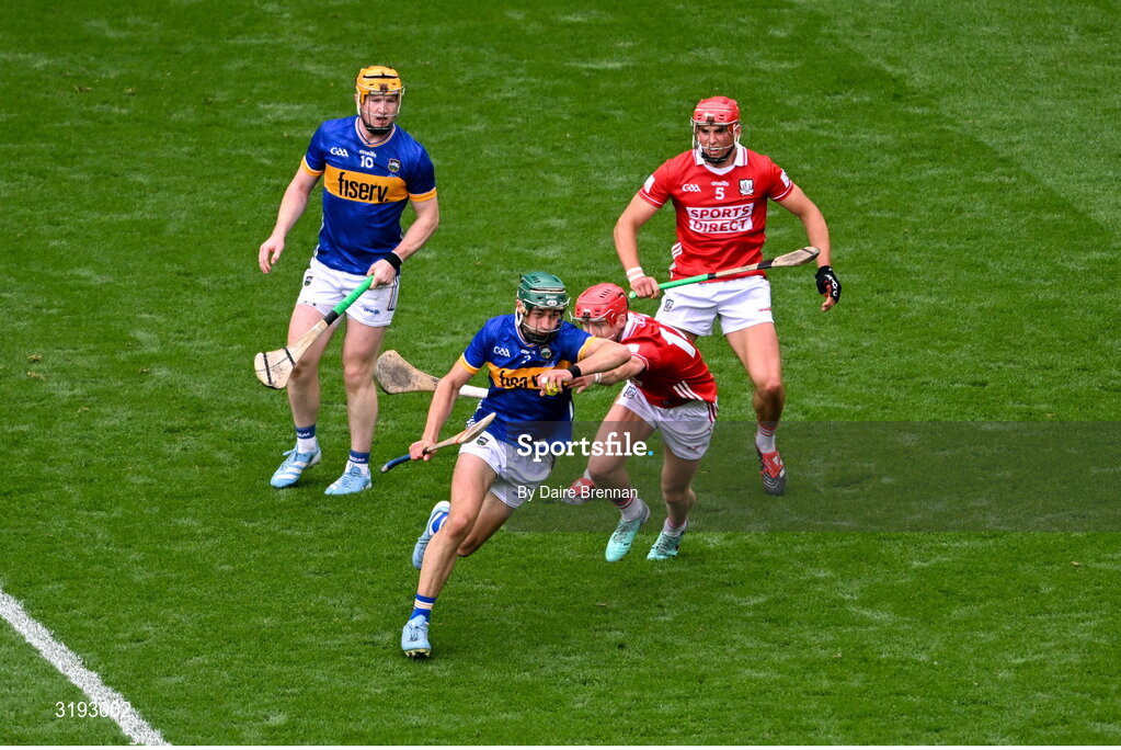 20 July 2025; Robert Doyle of Tipperary in action against Brian Hayes of Cork during the GAA Hurling All-Ireland Senior Championship final match between Cork and Tipperary at Croke Park in Dublin.