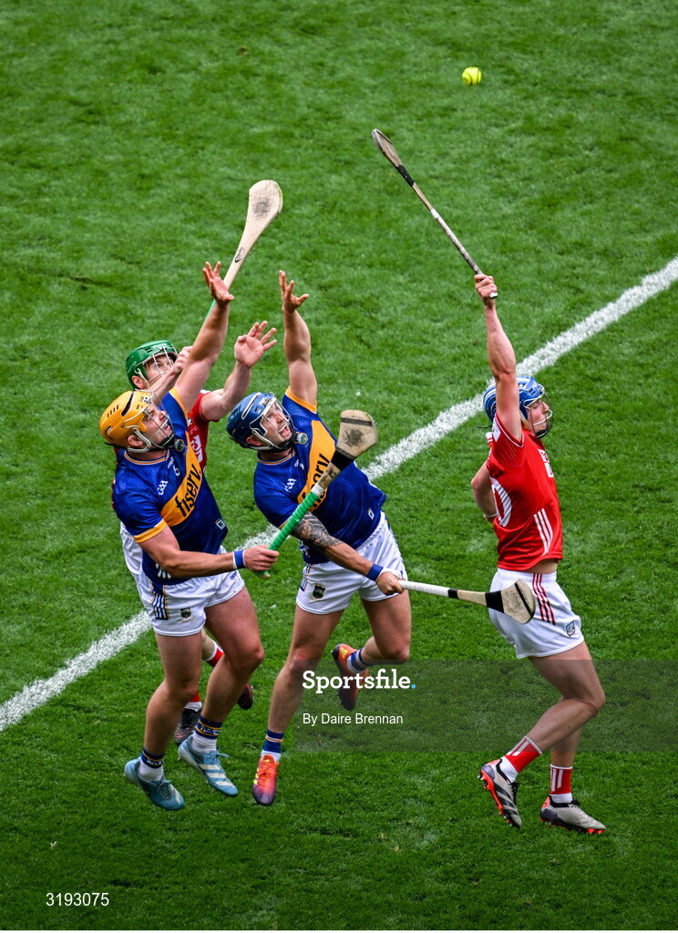 20 July 2025; Ronan Maher, left, and Willie Connors of Tipperary in action against Séamus Harnedy, left, and Diarmuid Healy of Cork during the GAA Hurling All-Ireland Senior Championship final match between Cork and Tipperary at Croke Park in Dublin. Photo by Daire Brennan/Sportsfile