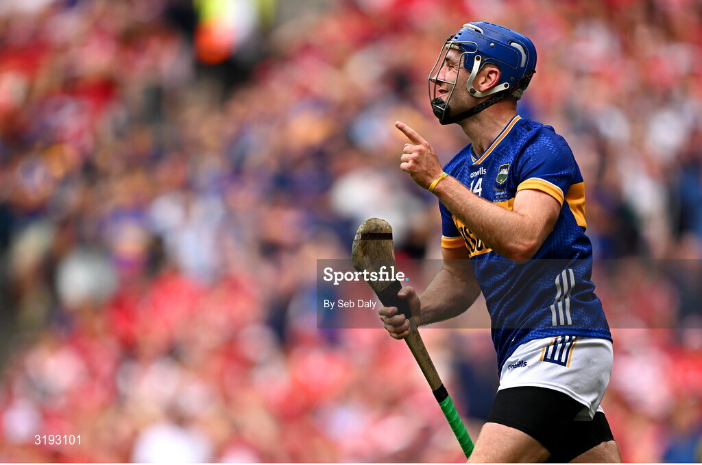 20 July 2025; John McGrath of Tipperary celebrates after scoring his side's third goal during the GAA Hurling All-Ireland Senior Championship final match between Cork and Tipperary at Croke Park in Dublin. Photo by Seb Daly/Sportsfile