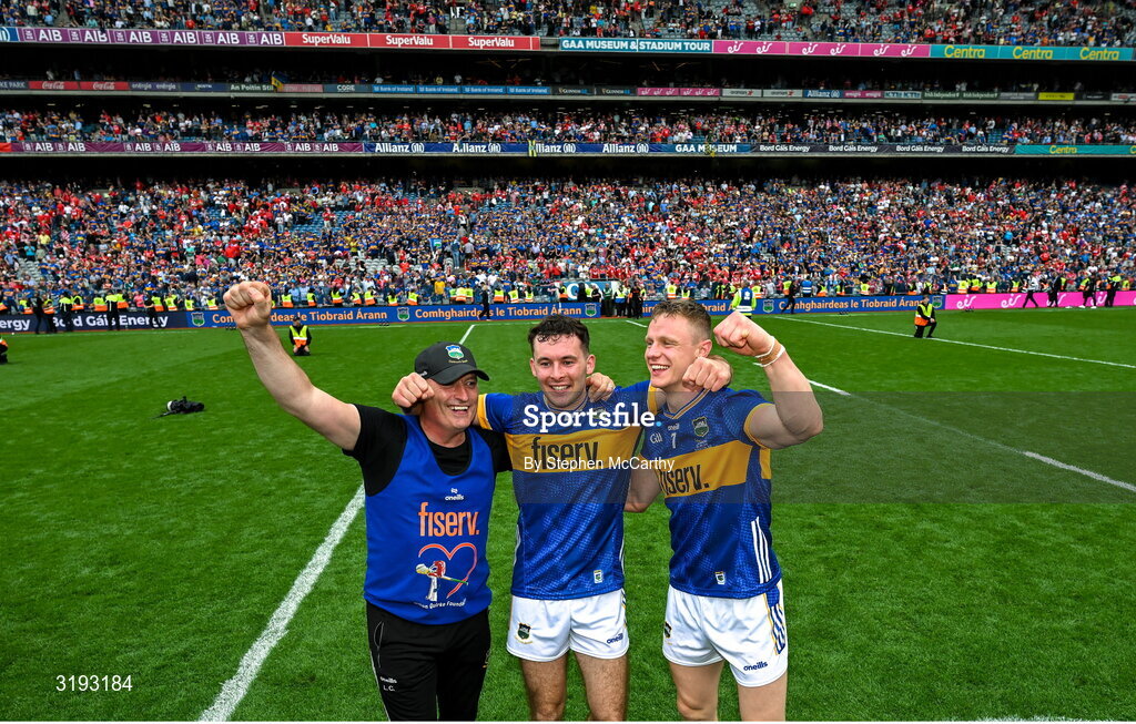 20 July 2025; Tipperary manager Liam Cahill celebrates with Craig Morgan and Bryan O'Mara, right, after the GAA Hurling All-Ireland Senior Championship final match between Cork and Tipperary at Croke Park in Dublin. Photo by Stephen McCarthy/Sportsfile