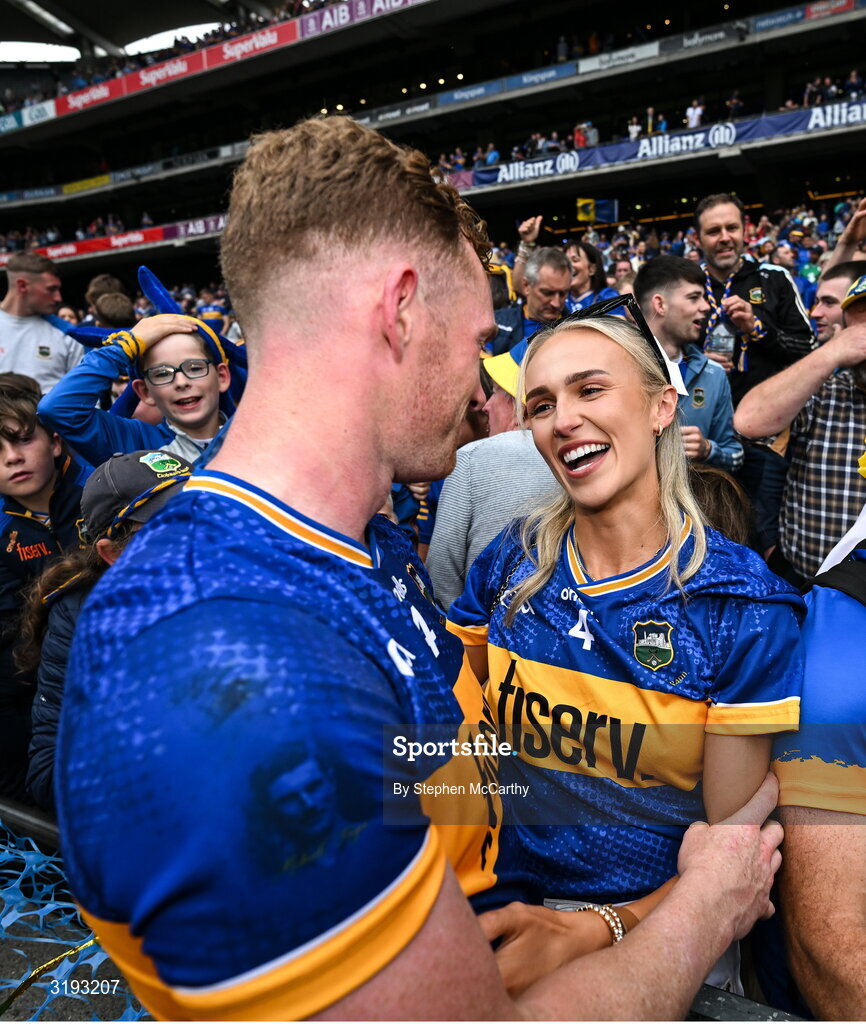 20 July 2025; Michael Breen of Tipperary celebrates with his girlfriend Irish Olympian Sharlene Mawdsley after the GAA Hurling All-Ireland Senior Championship final match between Cork and Tipperary at Croke Park in Dublin. Photo by Stephen McCarthy/Sportsfile