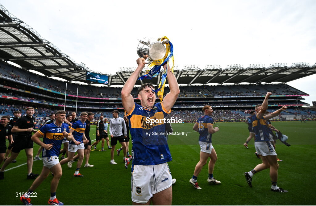 20 July 2025; Conor Stakelum of Tipperary celebrates with the Liam MacCarthy cup after their side's victory in the GAA Hurling All-Ireland Senior Championship final match between Cork and Tipperary at Croke Park in Dublin. Photo by Stephen McCarthy/Sportsfile