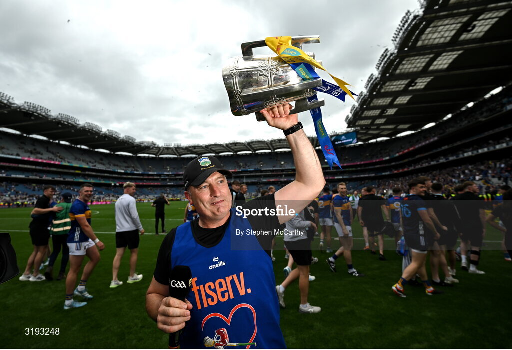 20 July 2025; Tipperary manager Liam Cahill celebrates with the Liam MacCarthy cup after their side's victory in the GAA Hurling All-Ireland Senior Championship final match between Cork and Tipperary at Croke Park in Dublin. Photo by Stephen McCarthy/Sportsfile