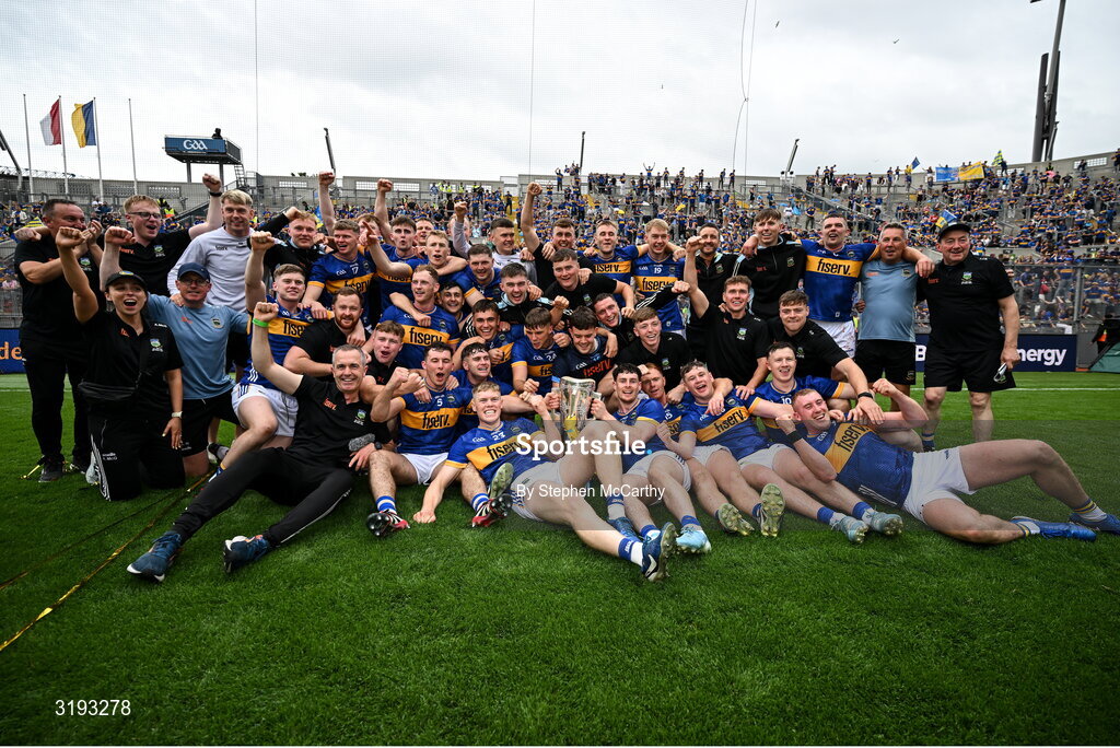 20 July 2025; Tipperary players and staff celebrate with the Liam MacCarthy cup after their side's victory in the GAA Hurling All-Ireland Senior Championship final match between Cork and Tipperary at Croke Park in Dublin. Photo by Stephen McCarthy/Sportsfile