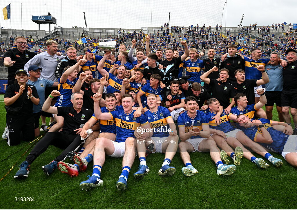 20 July 2025; Tipperary players and staff celebrate with the Liam MacCarthy cup after their side's victory in the GAA Hurling All-Ireland Senior Championship final match between Cork and Tipperary at Croke Park in Dublin. Photo by Stephen McCarthy/Sportsfile