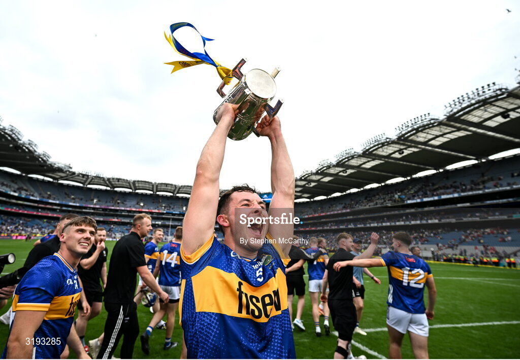 20 July 2025; Craig Morgan of Tipperary celebrates with the Liam MacCarthy cup after their side's victory in after the GAA Hurling All-Ireland Senior Championship final match between Cork and Tipperary at Croke Park in Dublin. Photo by Stephen McCarthy/Sportsfile
