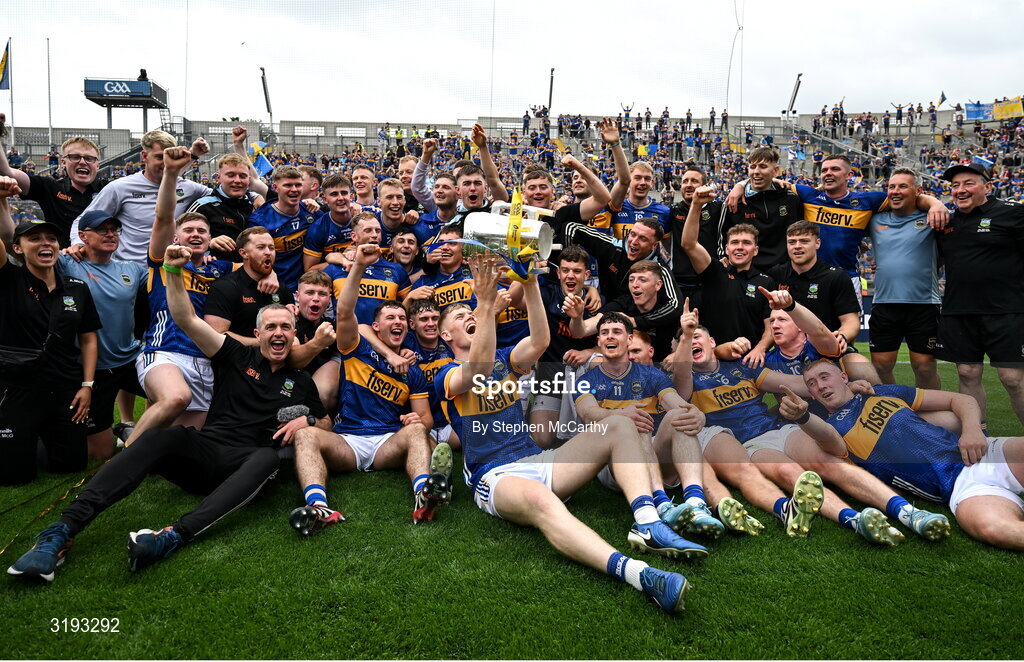 20 July 2025; Tipperary players and staff celebrate with the Liam MacCarthy cup after their side's victory in the GAA Hurling All-Ireland Senior Championship final match between Cork and Tipperary at Croke Park in Dublin. Photo by Stephen McCarthy/Sportsfile