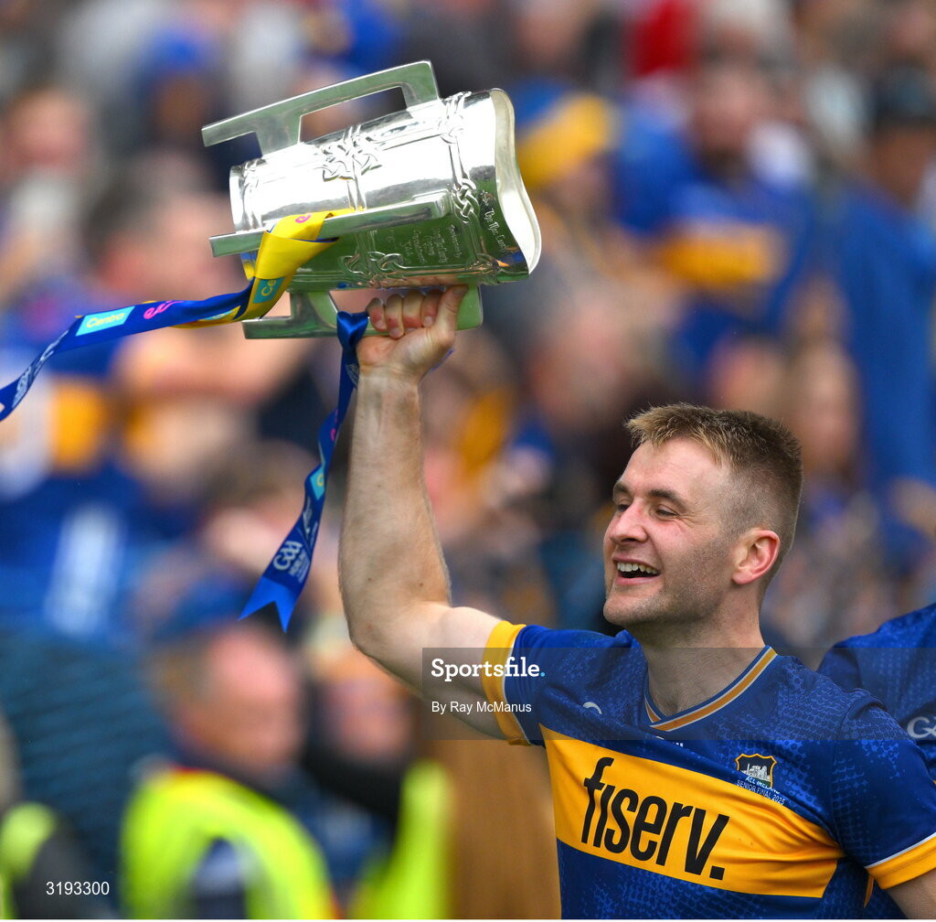20 July 2025; John McGrath of Tipperary celebrates with the Liam MacCarthy Cup after the GAA Hurling All-Ireland Senior Championship final match between Cork and Tipperary at Croke Park in Dublin. Photo by Ray McManus/Sportsfile