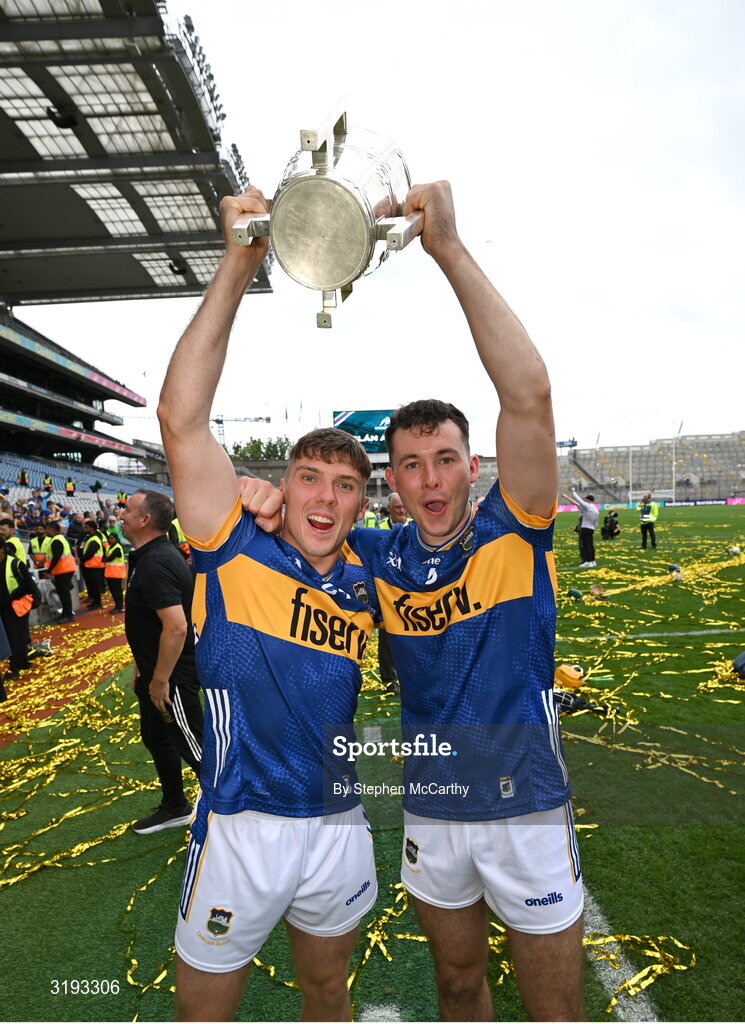 20 July 2025; Johnny Ryan, left, and Craig Morgan of Tipperary celebrate with the Liam MacCarthy cup after their side's victory in the GAA Hurling All-Ireland Senior Championship final match between Cork and Tipperary at Croke Park in Dublin. Photo by Stephen McCarthy/Sportsfile