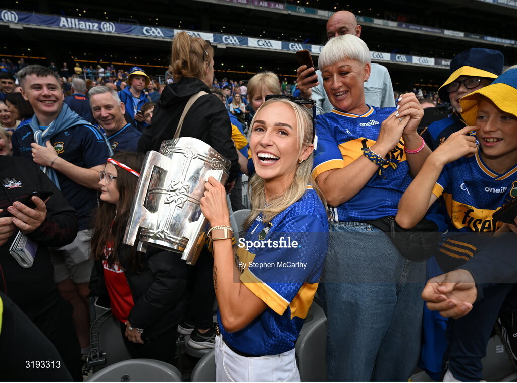 20 July 2025; Irish Olympian, Sharlene Mawdsley, partner of Tipperary's Michael Breen, celebrates with the Liam MacCarthy cup after the GAA Hurling All-Ireland Senior Championship final match between Cork and Tipperary at Croke Park in Dublin. Photo by Stephen McCarthy/Sportsfile