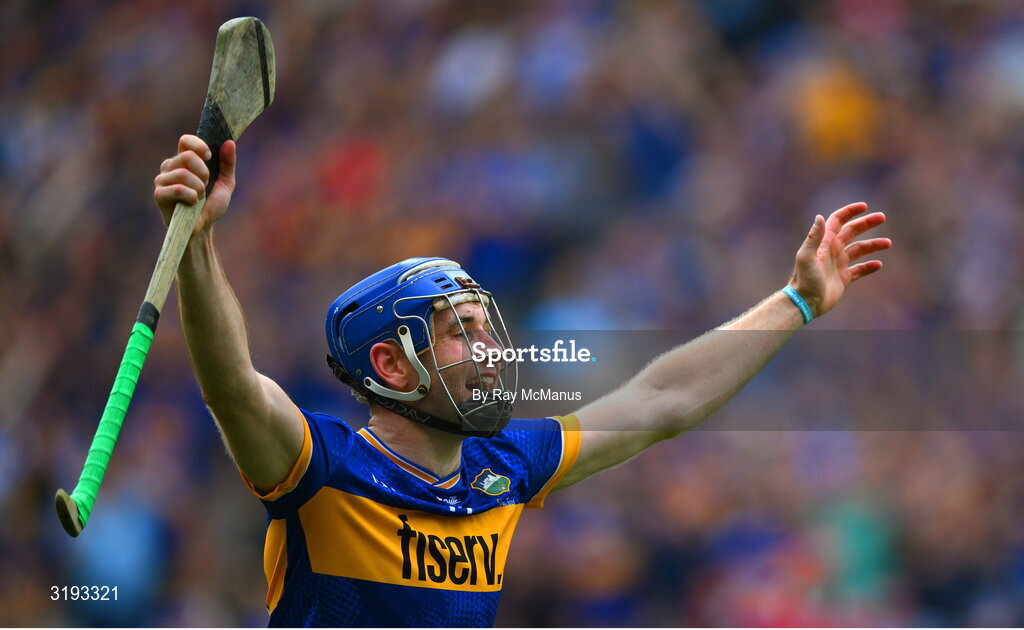 20 July 2025; John McGrath of Tipperary celebrates as the final whistle is blown the GAA Hurling All-Ireland Senior Championship final match between Cork and Tipperary at Croke Park in Dublin. Photo by Ray McManus/Sportsfile