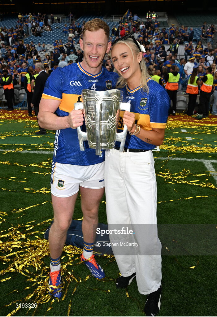20 July 2025; Michael Breen of Tipperary and his partner Irish Olympian Sharlene Mawdsley celebrate with the Liam MacCarthy cup after their side's victory in the GAA Hurling All-Ireland Senior Championship final match between Cork and Tipperary at Croke Park in Dublin. Photo by Stephen McCarthy/Sportsfile