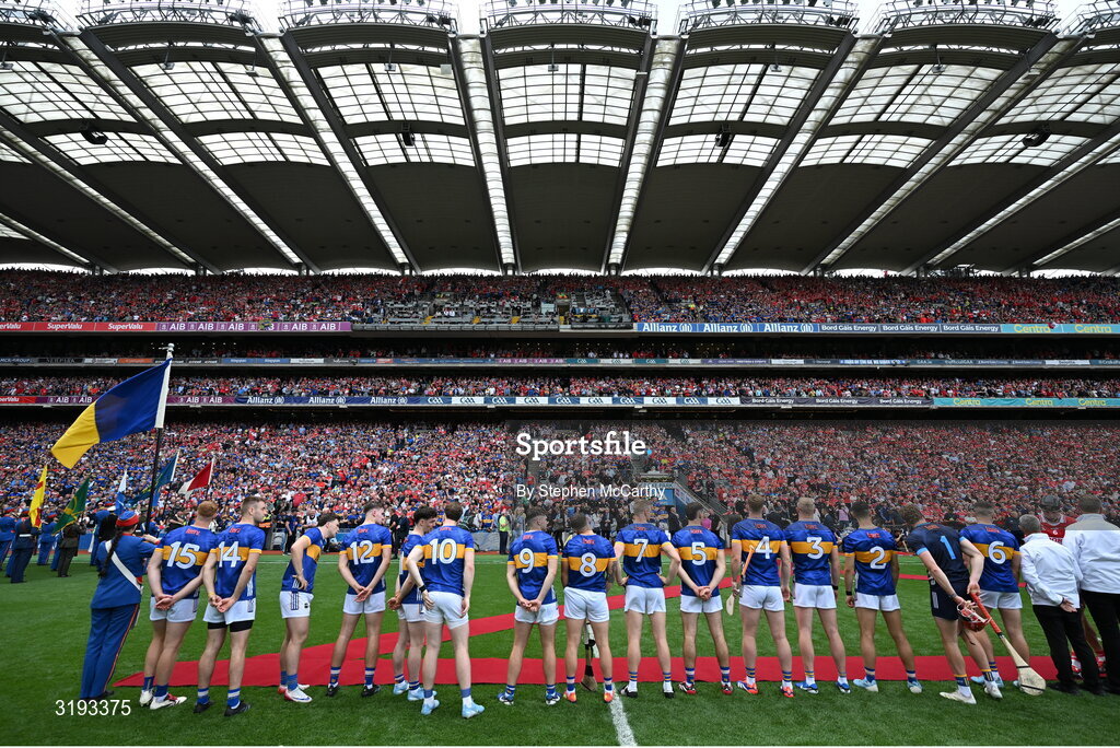 20 July 2025; Tipperary players before the GAA Hurling All-Ireland Senior Championship final match between Cork and Tipperary at Croke Park in Dublin. Photo by Stephen McCarthy/Sportsfile