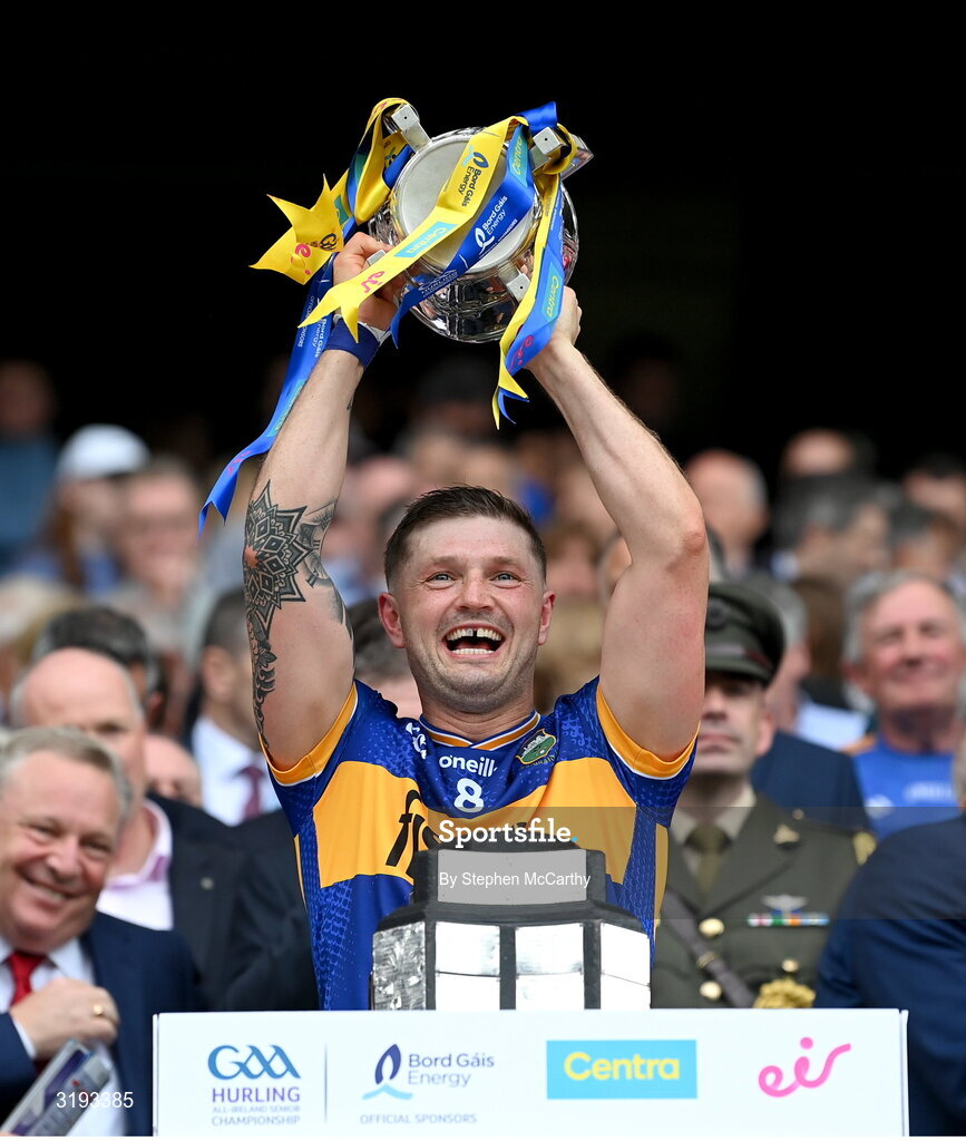 20 July 2025; Willie Connors of Tipperary lifts the Liam MacCarthy cup after the GAA Hurling All-Ireland Senior Championship final match between Cork and Tipperary at Croke Park in Dublin. Photo by Stephen McCarthy/Sportsfile