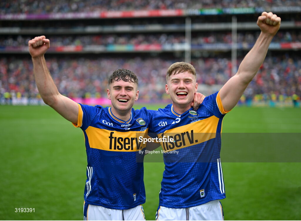 20 July 2025; Conor Stakelum, left, and Darragh Stakelum of Tipperary celebrate after the GAA Hurling All-Ireland Senior Championship final match between Cork and Tipperary at Croke Park in Dublin. Photo by Stephen McCarthy/Sportsfile