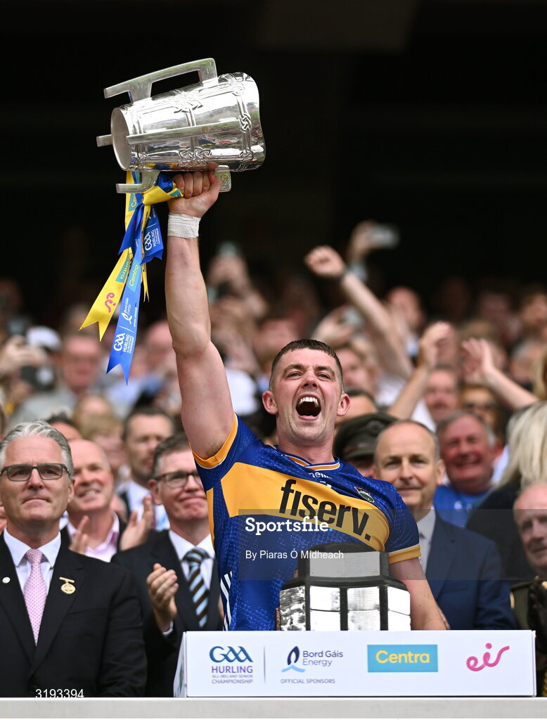 20 July 2025; Tipperary captain Ronan Maher lifts the Liam MacCarthy Cup after his side's victory in the GAA Hurling All-Ireland Senior Championship final match between Cork and Tipperary at Croke Park in Dublin. Photo by Piaras Ó Mídheach/Sportsfile