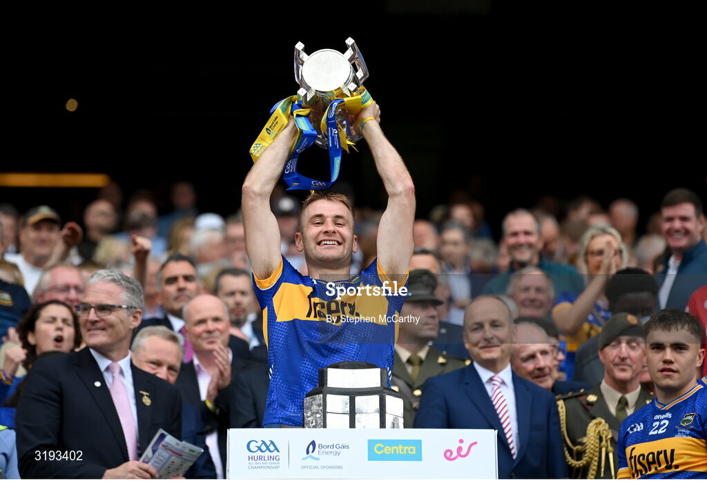 20 July 2025; John McGrath of Tipperary lifts the Liam MacCarthy cup after the GAA Hurling All-Ireland Senior Championship final match between Cork and Tipperary at Croke Park in Dublin. Photo by Stephen McCarthy/Sportsfile
