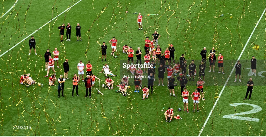 20 July 2025; Dejected Cork players watch the presentation after the GAA Hurling All-Ireland Senior Championship final match between Cork and Tipperary at Croke Park in Dublin. Photo by Daire Brennan/Sportsfile