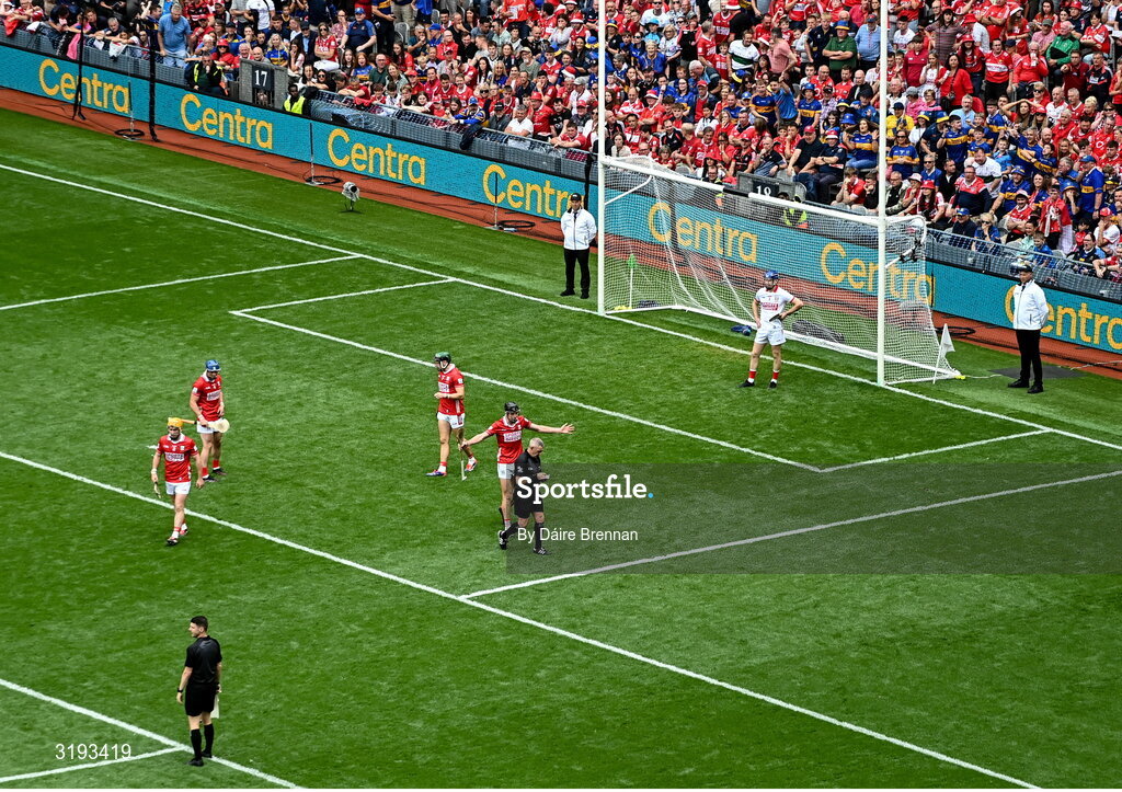 20 July 2025; Eoin Downey of Cork makes his case to referee Liam Gordon before being sent off during the GAA Hurling All-Ireland Senior Championship final match between Cork and Tipperary at Croke Park in Dublin. Photo by Daire Brennan/Sportsfile