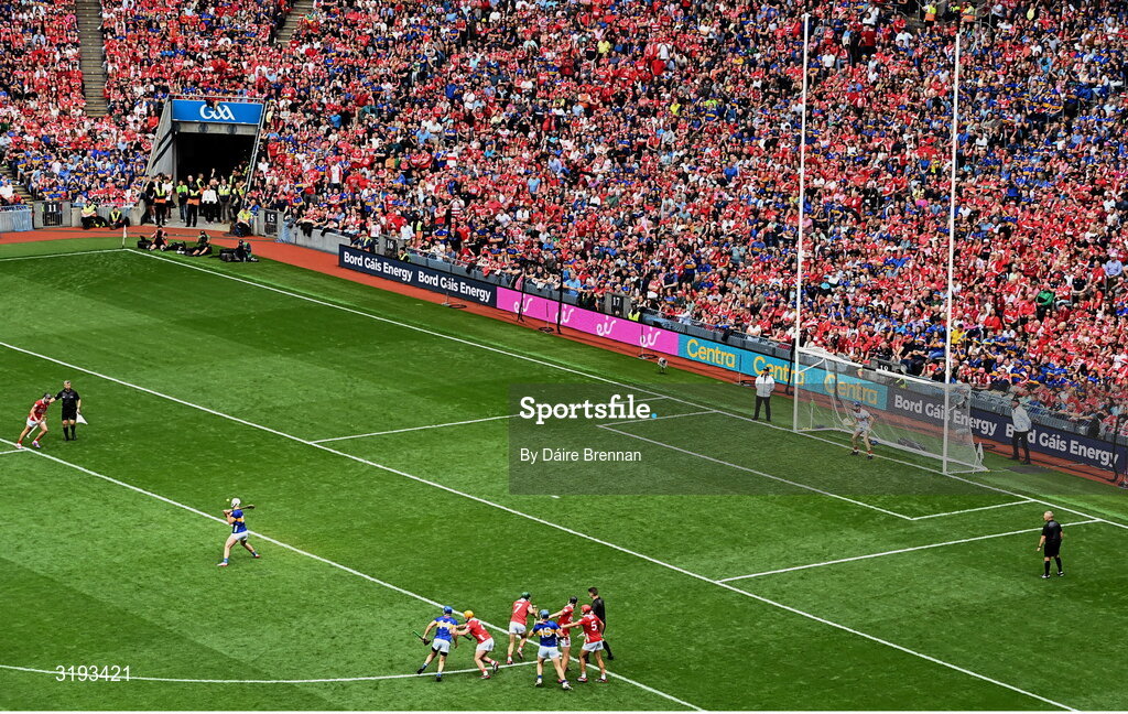 20 July 2025; Darragh McCarthy of Tipperary scores his side's second goal from a penalty during the GAA Hurling All-Ireland Senior Championship final match between Cork and Tipperary at Croke Park in Dublin. Photo by Daire Brennan/Sportsfile