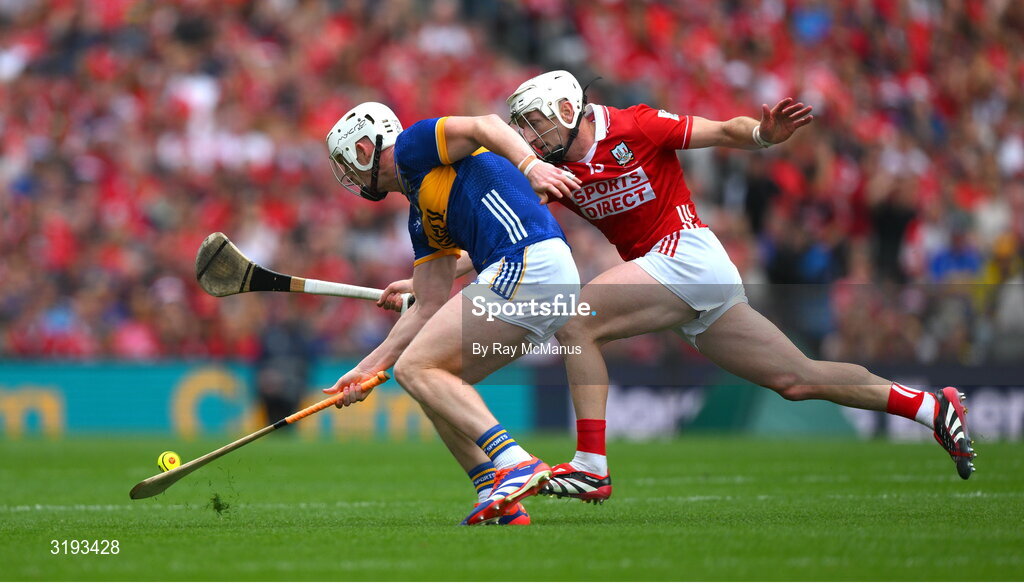 20 July 2025; Michael Breen of Tipperary is tackled by Patrick Horgan of Cork during the GAA Hurling All-Ireland Senior Championship final match between Cork and Tipperary at Croke Park in Dublin. Photo by Ray McManus/Sportsfile