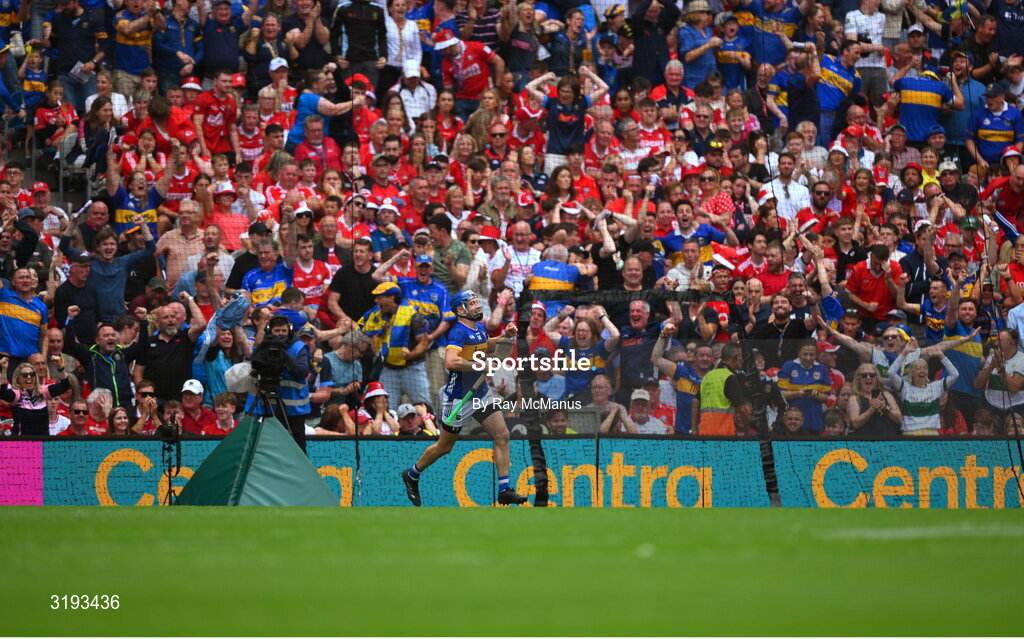 20 July 2025; John McGrath of Tipperary celebrates scoring a goal during the GAA Hurling All-Ireland Senior Championship final match between Cork and Tipperary at Croke Park in Dublin. Photo by Ray McManus/Sportsfile