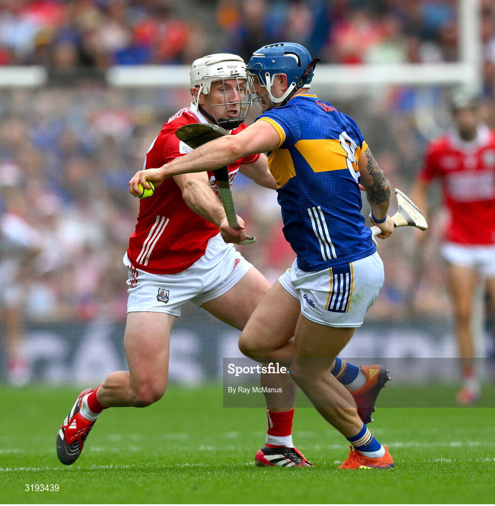 20 July 2025; Willie Connors of Tipperary is tackled by Patrick Horgan of Cork during the GAA Hurling All-Ireland Senior Championship final match between Cork and Tipperary at Croke Park in Dublin. Photo by Ray McManus/Sportsfile