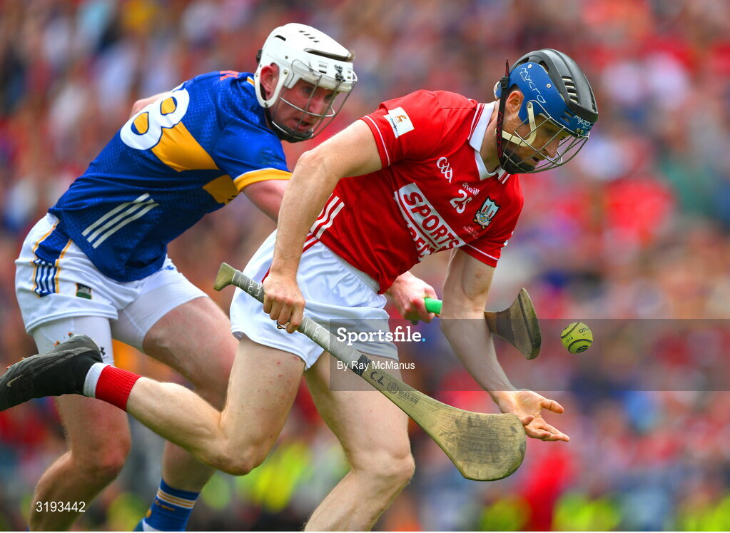 20 July 2025; Conor Lehane of Cork is tackled by Seamus Kennedy of Tipperary during the GAA Hurling All-Ireland Senior Championship final match between Cork and Tipperary at Croke Park in Dublin. Photo by Ray McManus/Sportsfile