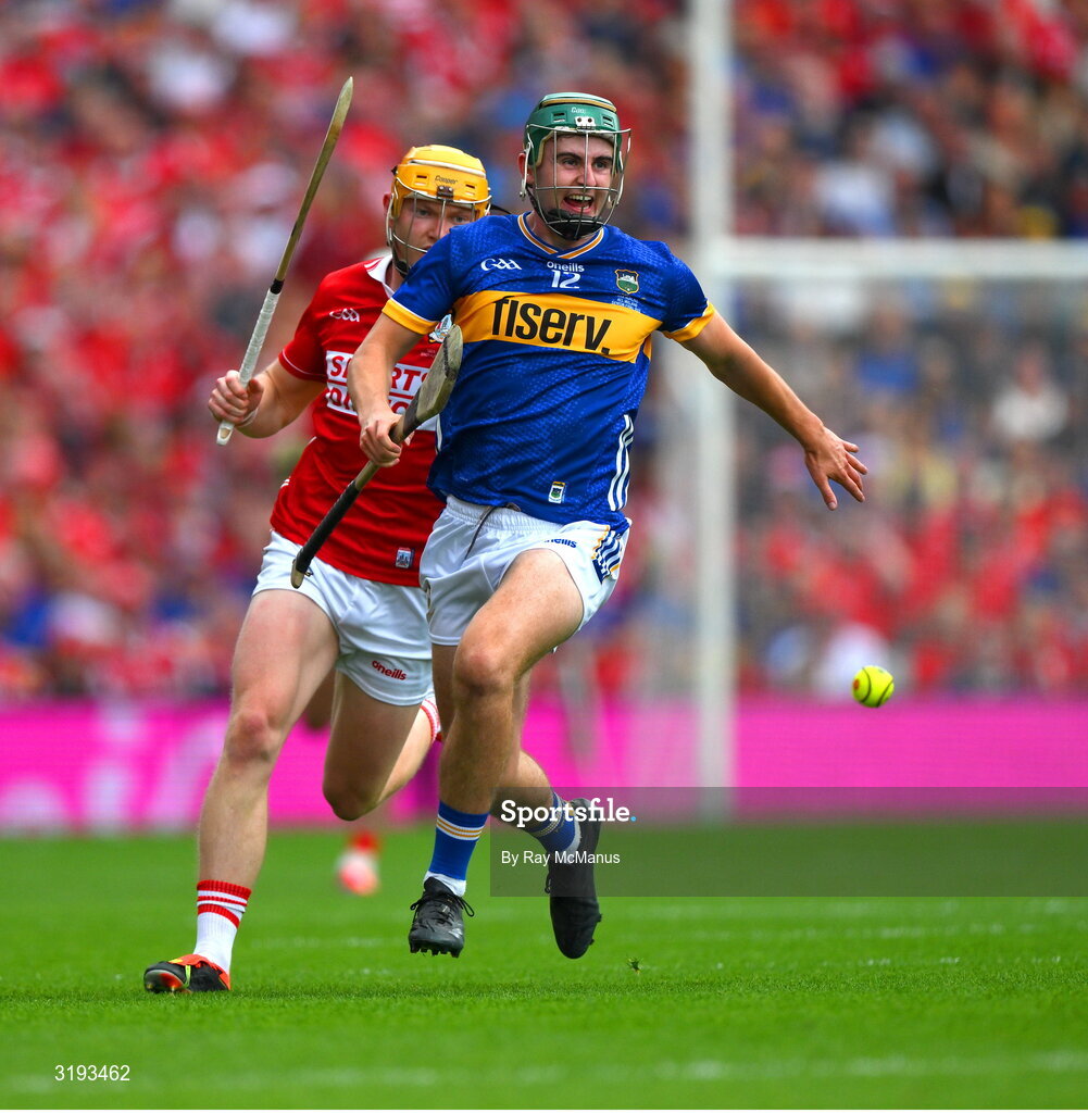 20 July 2025; Sam O’Farrell of Tipperary is tackled by Shane Barrett of Cork during the GAA Hurling All-Ireland Senior Championship final match between Cork and Tipperary at Croke Park in Dublin. Photo by Ray McManus/Sportsfile