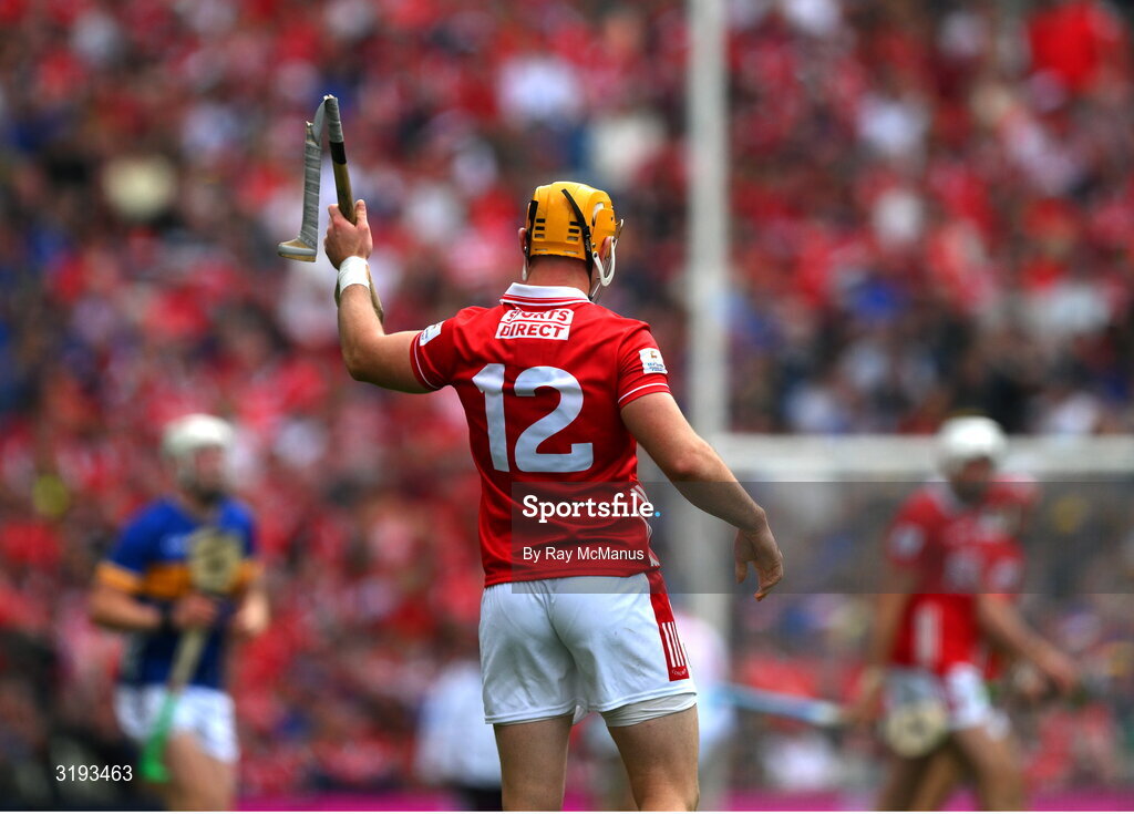 20 July 2025; Declan Dalton of Cork calls for a new hurl as his was broken during the GAA Hurling All-Ireland Senior Championship final match between Cork and Tipperary at Croke Park in Dublin. Photo by Ray McManus/Sportsfile
