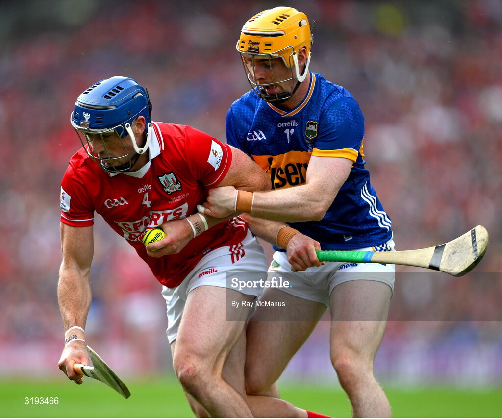 20 July 2025; Seán O'Donoghue of Cork is tackled by Jason Forde of Tipperary during the GAA Hurling All-Ireland Senior Championship final match between Cork and Tipperary at Croke Park in Dublin. Photo by Ray McManus/Sportsfile