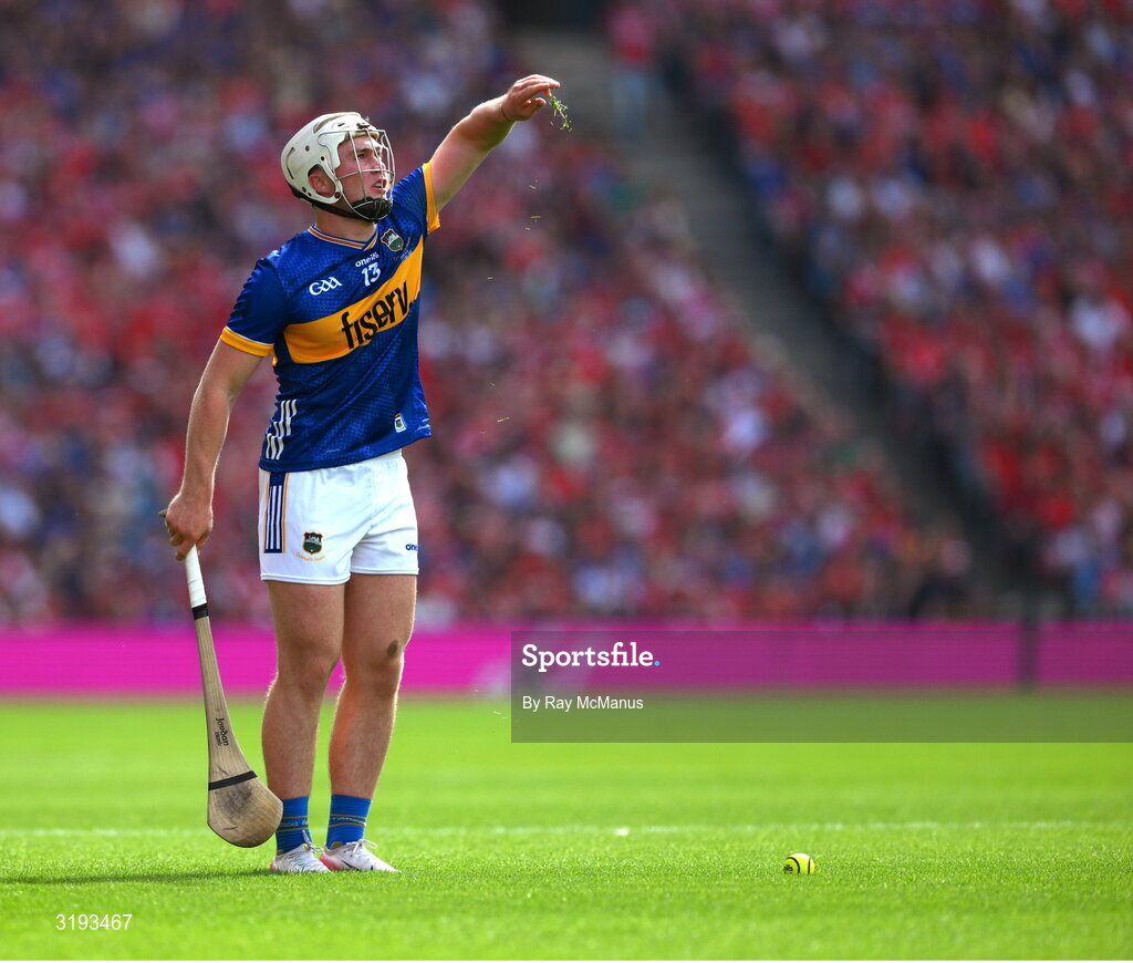 20 July 2025; Darragh McCarthy of Tipperary prepares to strike a free during the GAA Hurling All-Ireland Senior Championship final match between Cork and Tipperary at Croke Park in Dublin. Photo by Ray McManus/Sportsfile